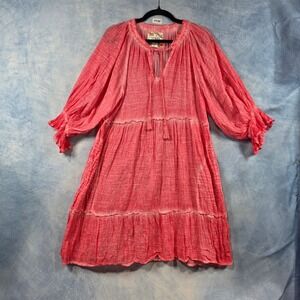 Lulalife Pink Acid Wash Tiered Boho Midi Dress Womens Size M Tassel Tie Peasant